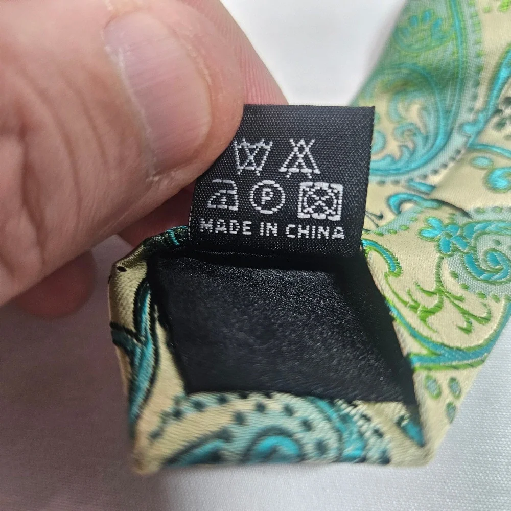 Paul Malone Palm Beach‎ Silk Paisley Necktie Mens Gold Green Blue Formal